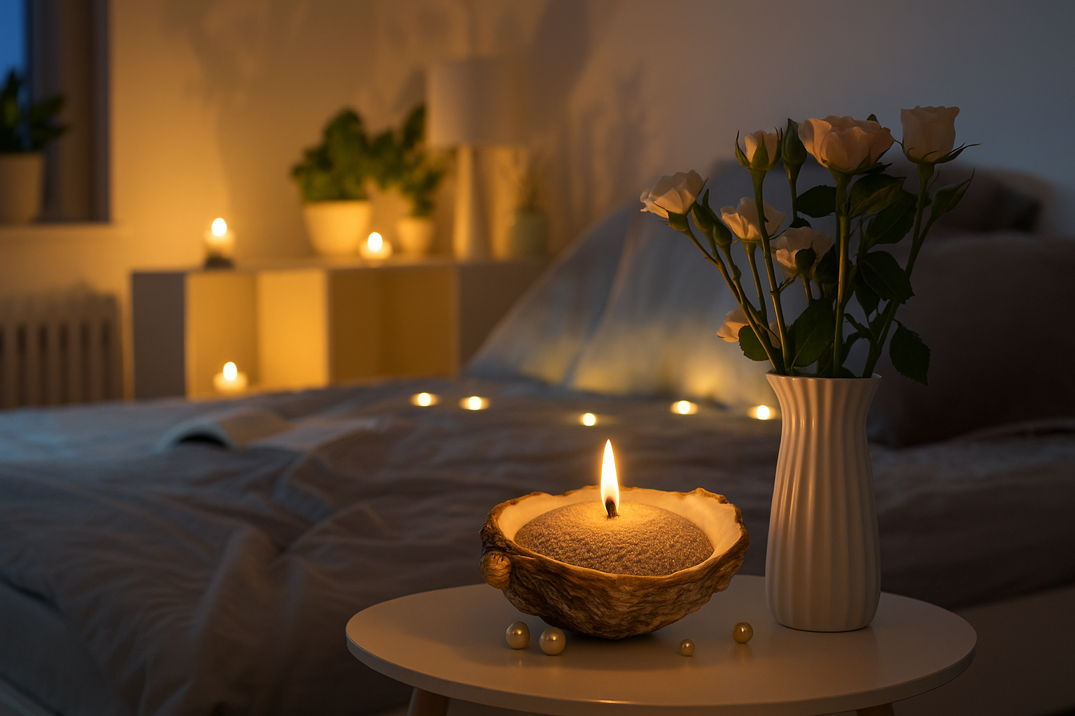 Candle and vase with flowers on a bedside table in a dimly lit bedroom